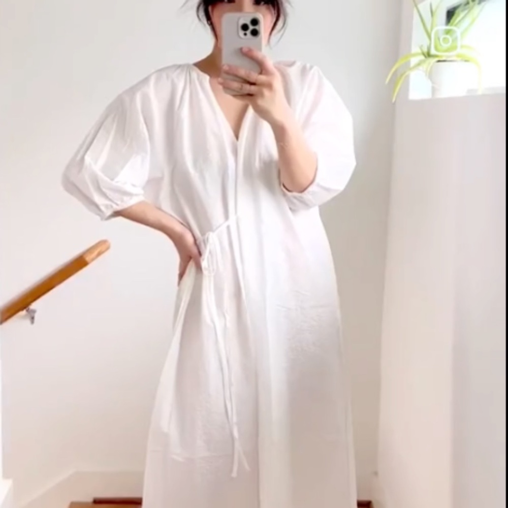 DEIJI STUDIOS The Fold Dress in Organic Cotton White Seersucker Midi Dress M L
